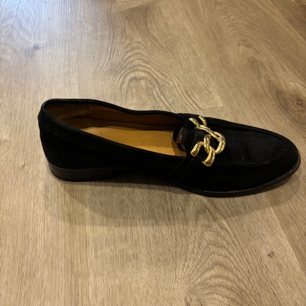 ASOS Womens Black Faux Suede Loafers Gold Chunky Chain Detail Size 5 Flat‎ Shoes - Picture 6 of 7